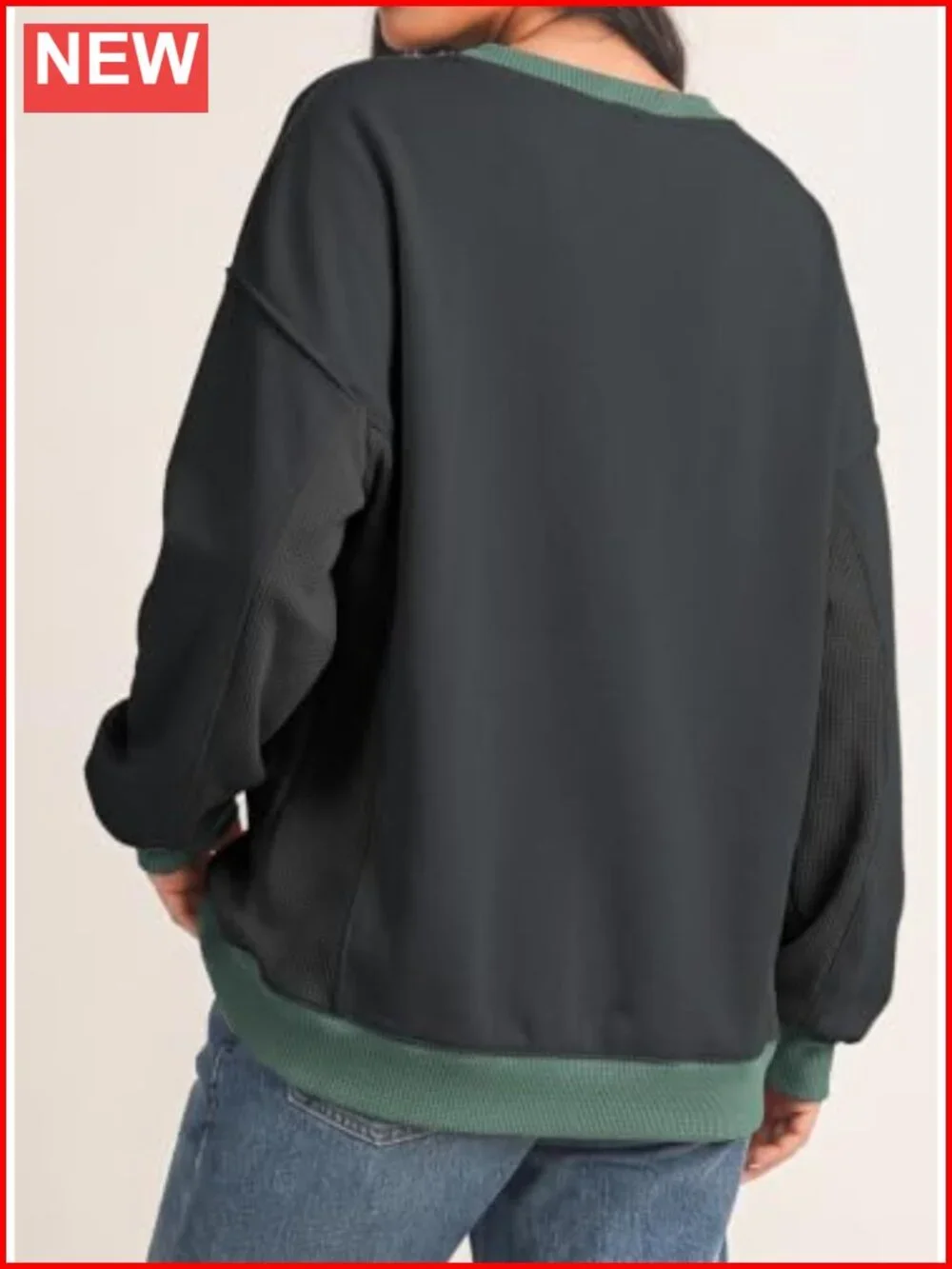 Waffle Knit Color Block Oversized Long Sleeve Sweatshirt